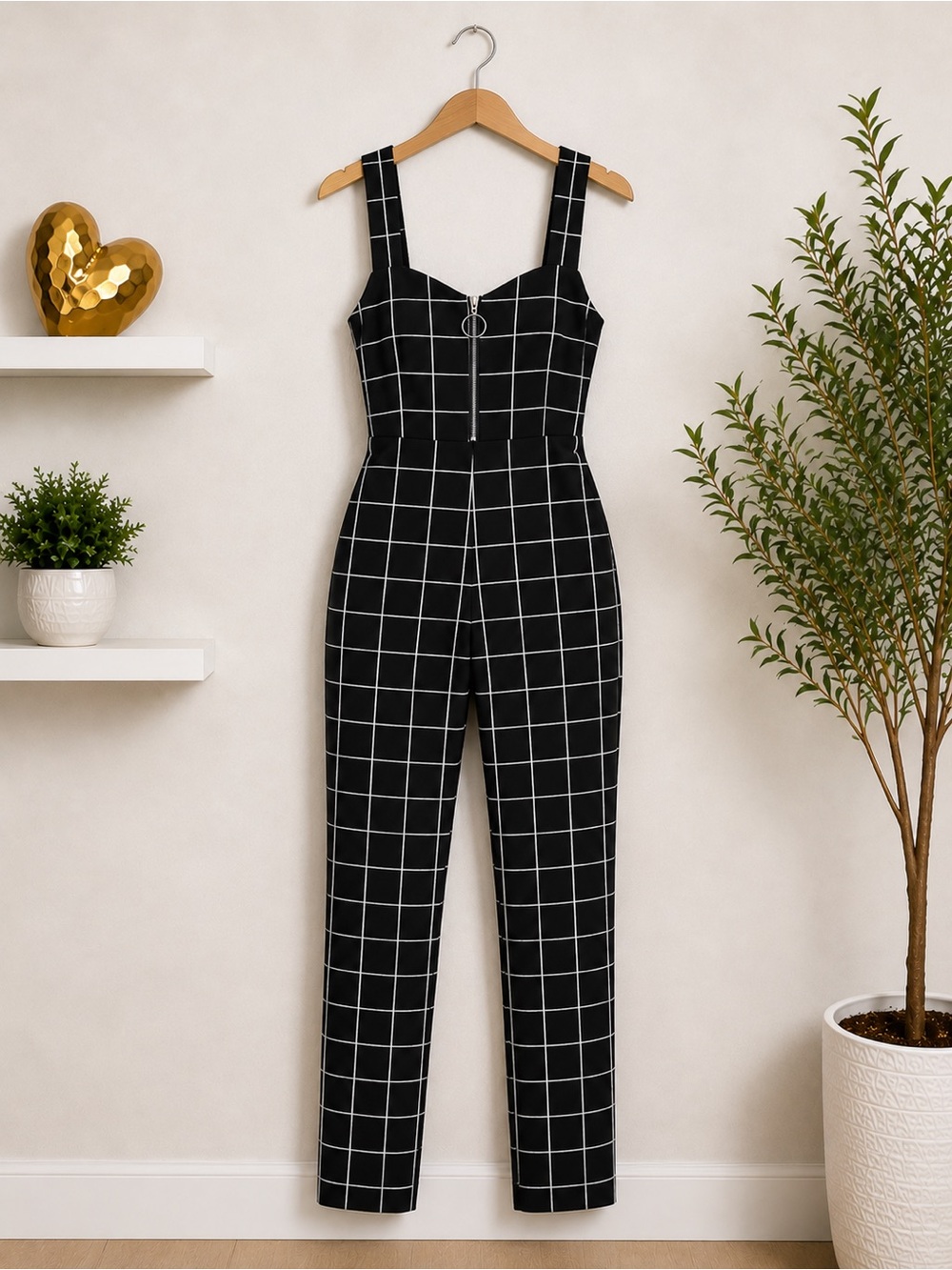 SHEIN Black &‎ White Windowpane Plaid Zip Front Slim Leg Jumpsuit Size L